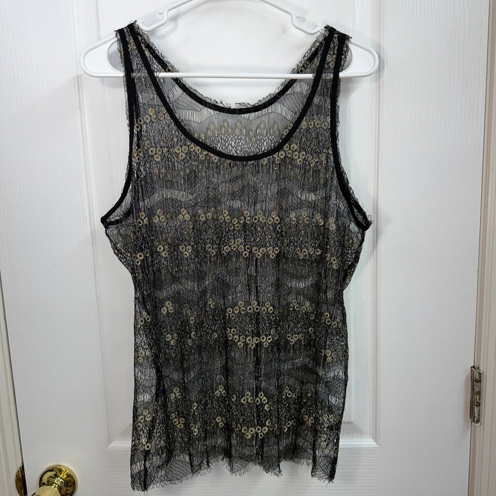 Women's‎ black gold metallic lace crocheted sheer layer tank top swim cover up L
